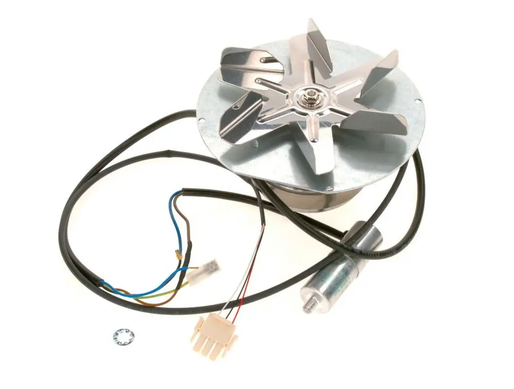 Abgasventilator von Bosch, zusammengesetzt aus einem metallischen Rotor mit mehreren Schaufeln und elektrischen Anschlusskabeln.